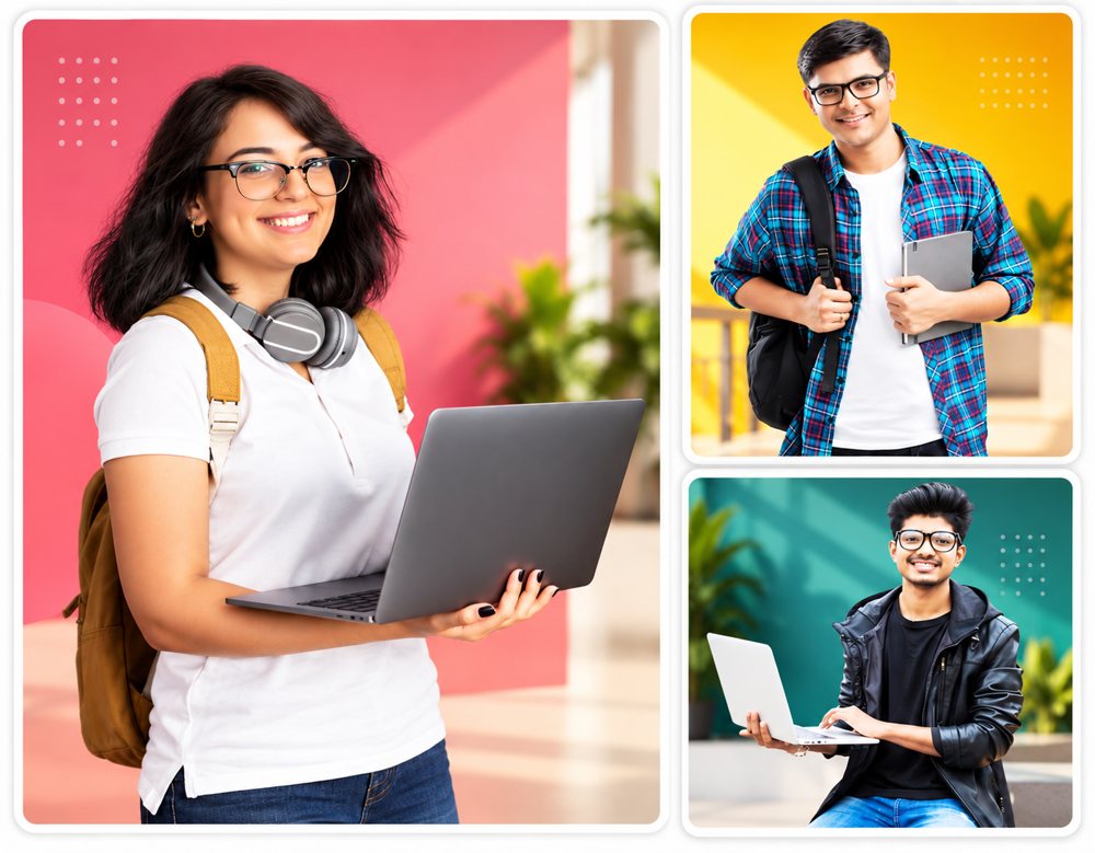 Three smiling TECMAS students with laptops and backpacks